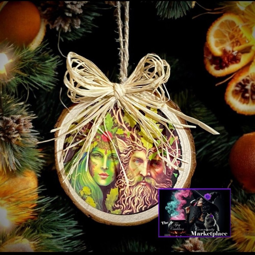 “The Goddess and The Green Man Yule Wooden Ornament".